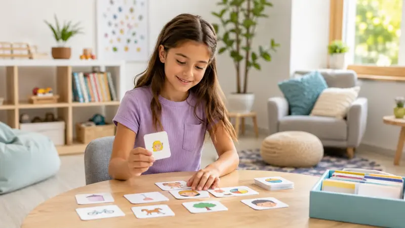 Child using picture cards during a language activity