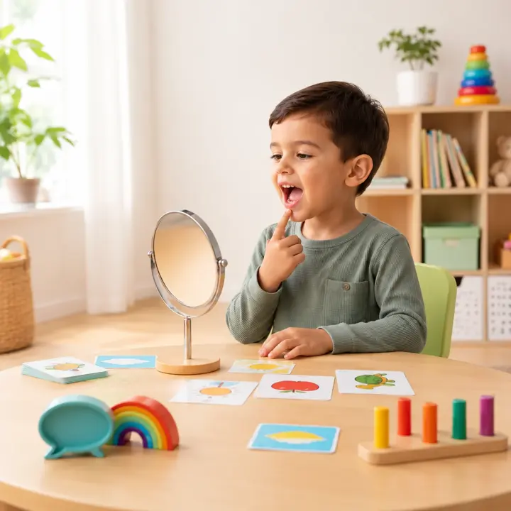 Child practicing speech sounds with a mirror and picture cards